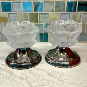 Vintage William Adams Frosted Rose Lead Crystal and Silver plate candle holders